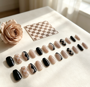 Faux ongles à presser noirs et beiges, motif damier et tourbillon, couverture complète, réutilisables, pour usage quotidien féminin, bureau et fêtes - Product Image 3