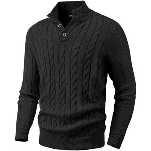 Pull en laine mélangée à col montant boutonné et manches longues pour homme FOXA, tricot torsadé, matière épaisse, style décontracté - Product Image 1