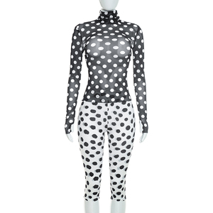 Viviblook D26ST247 Women Autumn <b>Set</b> Polka Dot Print Mesh High Neck Long Sleeved Top Cropped Pants Casual Two <b>Set</b> Pieces - Product Image 2