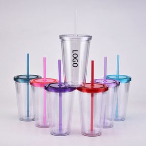 Offre Spéciale – Gobelet personnalisé avec logo imprimé, 16 oz, double paroi, en plastique acrylique transparent, avec trou et paille - Product Image 1