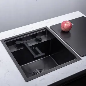 manufacture Hidden Black Stainless Steel kitchen sink Single Bar Small Size Concealed Balcony Sink with folding faucet