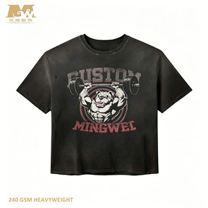 Camiseta de gimnasio de 240GSM de alto gramaje con gráfico personalizado de Bulldog levantando pesas, fabricada con efecto desgastado y lavado ácido, estilo Pump Cover - Product Image 1