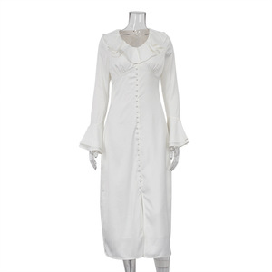 Elegante clásico sólido <span class=keywords><strong>vestido</strong></span> de mujer 2024 Casual cuello con volantes manga larga <span class=keywords><strong>Midi</strong></span> Bodycon <span class=keywords><strong>Beige</strong></span> satén <span class=keywords><strong>vestido</strong></span> de mujer - Product Image 5