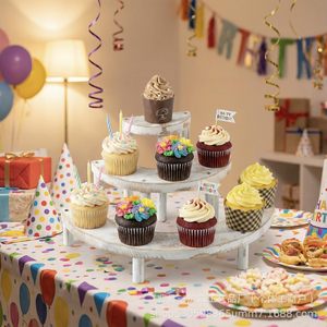 Retro White <b>3</b> <b>Tier</b> Wooden <b>Cake</b> <b>Stand</b> Round Desktop Display For Birthday Party Decorations - Product Image 1
