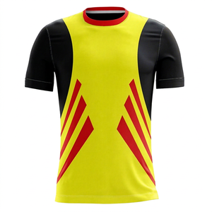 เสื้อฟุตบอลแบบซับลิเมชั่นสั่งทำพิเศษสำหรับผู้ชาย แขนสั้น สีเหลือง ดำ แดง ลายเรขาคณิต คอกลม ระบายเหงื่อได้ดี ผลิตจากโพลีเอสเตอร์ ทรงแอธเลติก - Product Image 1
