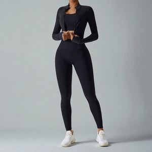 Conjunto de Yoga de 3 Piezas FH con Sensación de Segunda Piel para Mujer: Top Camiseta, Chaqueta de Manga Larga y Leggings de Cintura Alta, Suave, Elástico y Transpirable para Gimnasio y Deportes - Product Image 3