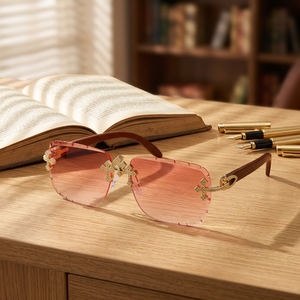 Lunettes de soleil rectangulaires sans monture, verres dégradés violets, accent doré, style luxueux pour femmes, protection solaire pour adultes - Product Image 3