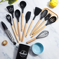 Ensemble d'ustensiles de cuisine en silicone de qualité alimentaire sans BPA, 12 pièces, avec manches en bois, résistant à la chaleur, écologique, ustensiles de cuisine souples