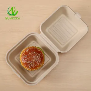 Bagazo de caña de azúcar Biodegradable desechable, caja de hamburguesa y Hamburguesa de 6x6 pulgadas con servicio personalizado OEM