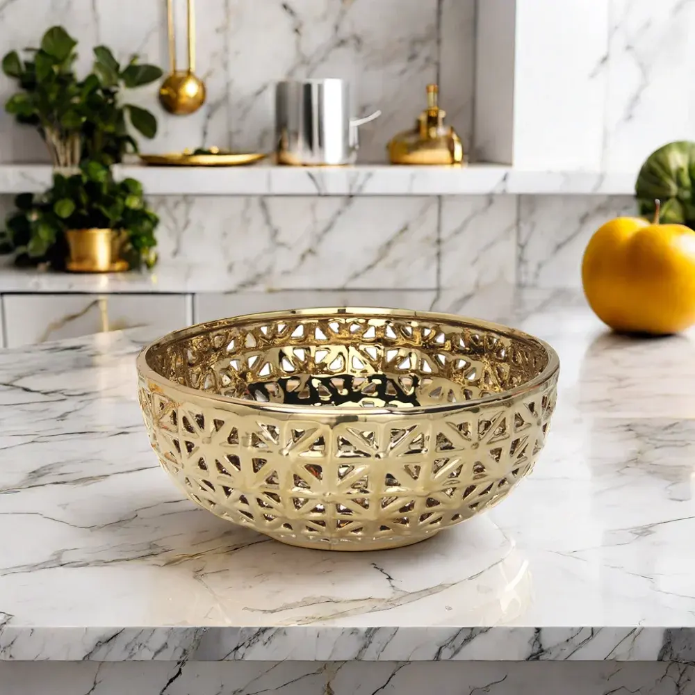 BL141G ciotola di frutta in ceramica di lusso oro hollow-out bowl decor decorazione ciotola vuota oro all'ingrosso