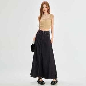 Falda Vaquera Larga Vintage de Cintura Alta Línea A Color Liso Azul Oscuro Lavado <span class=keywords><strong>Tallas</strong></span> <span class=keywords><strong>Grandes</strong></span> Casual Otoño Invierno Primavera Verano - Product Image 5