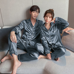 <span class=keywords><strong>Pyjama</strong></span> <span class=keywords><strong>en</strong></span> <span class=keywords><strong>soie</strong></span> glacée respirant pour couple, tricoté uni, 100 % polyester, grande taille, décontracté, ample, printemps/automne, vêtements d'intérieur à manches longues pour <span class=keywords><strong>homme</strong></span> - Product Image 4