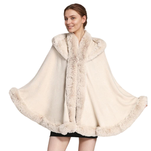 Women Faux Fur Hooded Cloak Flurry Rabbit Fur Trimmed Shawl Open Front Sleeveless <b>Wrap</b> for Traveling Street Walking - Product Image 3