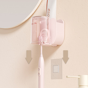 Soporte para cepillo de dientes eléctrico y vaso para enjuague bucal, estante de almacenamiento para baño montado en la pared, estilo minimalista transparente, beige, rosa, negro - Product Image 2
