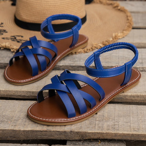 Sandales plates décontractées de couleur unie pour femmes, sandales respirantes de style plage à lacets croisés élastiques. - Product Image 6
