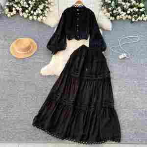 Conjunto Casual de Otoño de 2 Piezas para Mujer, Top Corto con Mangas Farol y Falda de Cintura Alta con Parches de Encaje, Ropa Americana al por Mayor - Product Image 2