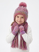 Conjunto de Gorro, Guantes y Bufanda de Invierno para Niños, Gorro con Orejeras, Bonito Gorro de Punto con Pompones para Niñas, Bebés y Niños Pequeños, Color Rosa, Cálido, 100% Algodón, Juego de 3 Piezas