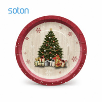 Assiette en papier biodégradable pour Noël, ronde, jetable, vaisselle de Noël, bordure à carreaux, fête de fin d'année, dessert, nourriture, collation, service