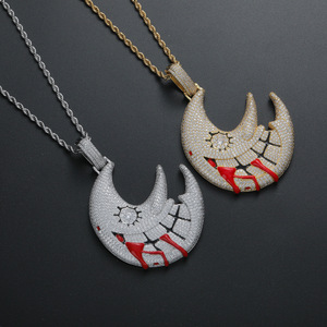 Colgante de luna con dientes sangrantes, joyería hip hop de cobre con incrustaciones de circonita, regalo de Navidad divertido, colgante de luna - Product Image 1