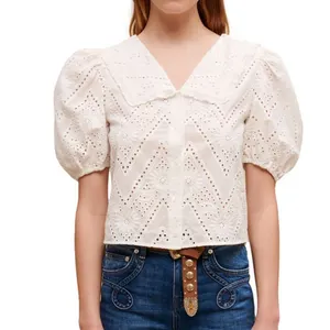 Summer Fashion Women Custom Short Puff Sleeves Turn Down V Neck Shirt Top Soft Cotton White Cropped Embroidery Ruffled Shirt