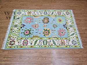 Tapis Oushak bleu noué à la main, tapis en laine fait main pour la chambre à coucher, le salon, la salle à manger, tapis Oushak pastel fait main, tapis turc - Product Image 5