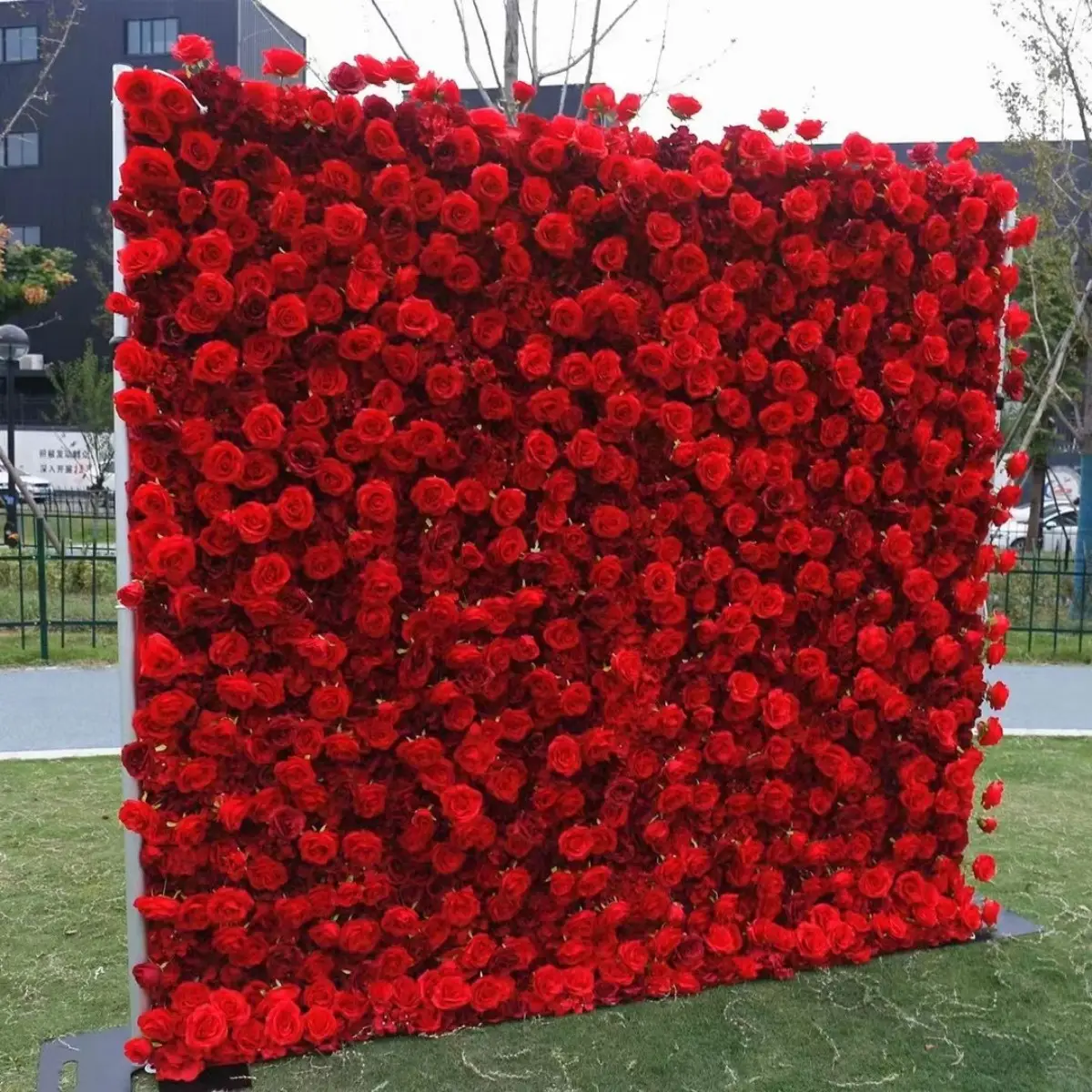 Custom Artificial Red Rose Hanging Flower Wall Fabric Silk 3D Wedding Flower Wall Event Party Decor
