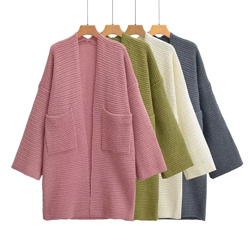 4 colorway open stitch solid color long sleeve front pockets casual fashion women cardigan sweater