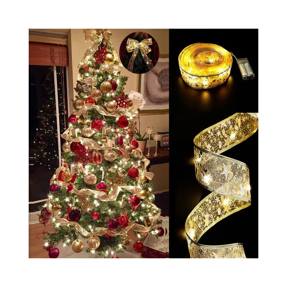 Nastro di natale luci a LED stringa decorazioni natalizie decorazioni per l'albero di natale ciondolo presenta doppio nastro bronzato