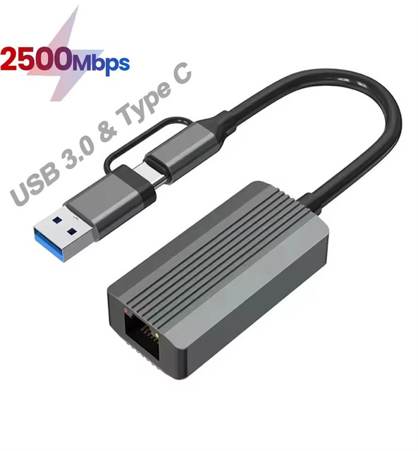 2500Mbps Ethernet Adapter 2.5G USB 3.0 & Type C to Rj45 Network Card for Laptop PC NAS Server Windows Mac OS Internet