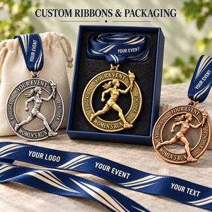 Custom Women's Running Finisher Medals with Openwork Torch Runner Relief in Gold <b>Silver</b> Bronze and Personalized Event <b>Ribbons</b> - Product Image 2