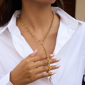 Collier asymétrique en forme de Y avec pampilles, en acier inoxydable plaqué or 18 carats, pour femme, bijou tendance, idée cadeau - Product Image 2