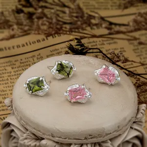 VIANRLA 925 Sterling Silver Zircon Irregular Pink Olive Green Cute Stud Earrings Fashion Jewelry Popular Girls