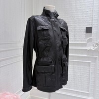 Nouvelle Veste en Cuir Véritable de Mouton pour Femme, Col Montant, Coupe Irrégulière, Multi-Poches, Taille Élastique, Vêtement d'Extérieur