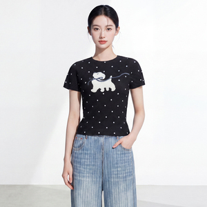Women's Short Sleeve Loose Fit Knitted Chiffon Crop Top Dog Embroidery <b>Y2K</b> Eco-Friendly Vintage Breathable Spring Cute Style - Product Image 3