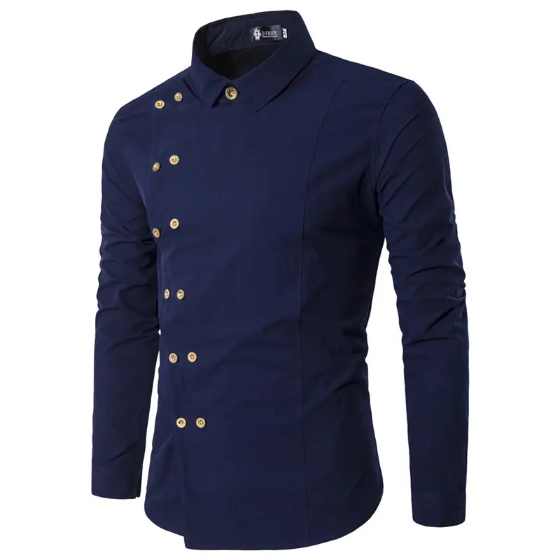 wholesale/customize long sleeve slim fit gold button double breasted lapel white men's dress shirt