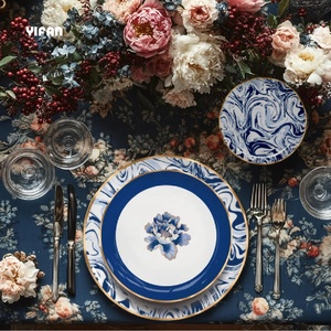YIFAN Fine Country Style Vintage Floral Bone China Dinner Sets Elegant Blue Flower <b>Ceramic</b> Charger <b>Plates</b> for Wedding Decoration - Product Image 1