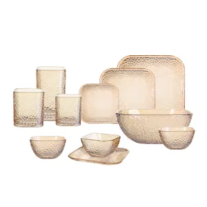 JINGHUANG GLASSWARE DINNERWARE TABLEWARE Eco Friendly Luxury Dish Set Glass Dinner Tableware With Gold Rim