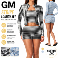 Ensemble de yoga 3 pièces GM pour femme : crop top côtelé respirant à rayures avec logo personnalisé, veste zippée et short de sport taille haute