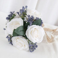 Buket Bunga Mawar Biru & Putih Buatan Khusus untuk Pengiring Pengantin, Buket Genggam Bulat untuk Pernikahan Musim Gugur
