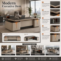 Bureau de direction moderne haut de gamme, grand bureau de PDG avec deux meubles de rangement, design LED pour salle de direction d'entreprise