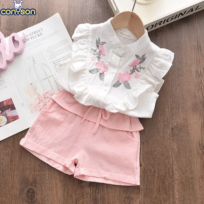 Conyson Wholesale Boutique Flares Fashion 2 Pieces Little Girls Matching Summer Kids Sleeveless Clothing Baby Clothes Outfit