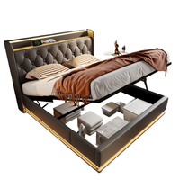 Lit de rangement de style européen noir, taille Queen, durable, doux, avec fonction LED 360°, boutons, applications, télécommande, cadre en bois