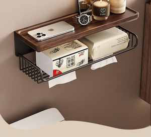 Support mural <span class=keywords><strong>double</strong></span> niveau en bois de noyer style vintage de luxe léger, sans perçage, pour papier toilette et rangement de salle de bain - Product Image 6