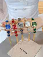 Set hadiah jam tangan perempuan, Set jam tangan minimalis emas ramping wanita kuarsa persegi hijau