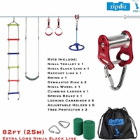 Kit de parcours d'obstacles Zipdiz de 25 m pour jardin, avec tyrolienne Ninja, chariot, anneau d'escalade et frein à ressort - Sécurité sportive
