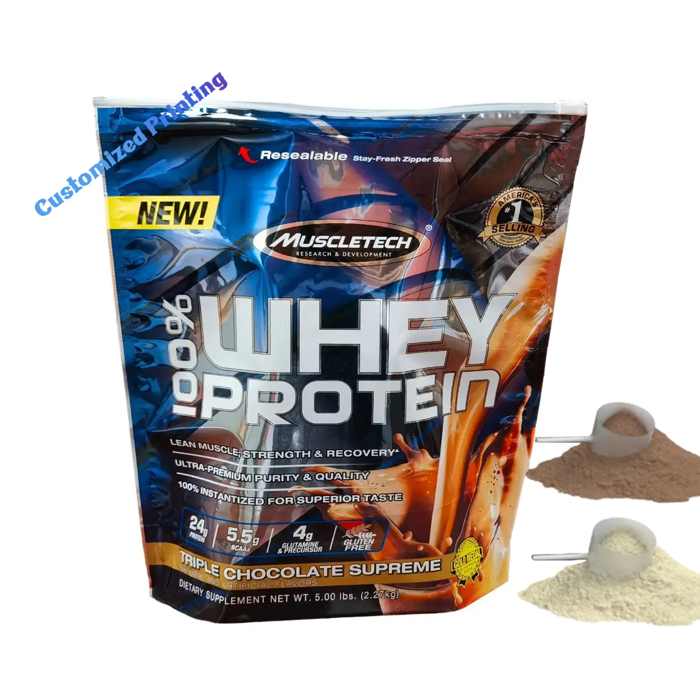 Custom Printed 1kg 2Kg 5Kg Whey Protein Powder isolate Flat Bottom Square Packaging Plastic Bag With Zipper