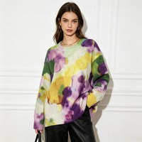 Pull en tricot décontracté à manches longues pour femme, style Y2K, imprimé tie-dye aquarelle, coupe oversize, épaules tombantes, col rond, streetwear