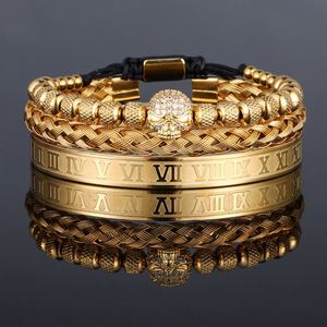 Pulsera de 3 piezas para hombre, accesorio de calavera trenzada con cuentas de piña de 6mm de acero inoxidable Retro europeo y americano - Product Image 5