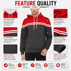 Sudadera con Capucha para Hombre, Diseño Color Block, Rojo y Gris, Corte Ajustado, Estilo Casual, Transpirable, Felpa Francesa, Estilo Otoñal - Product Image 6