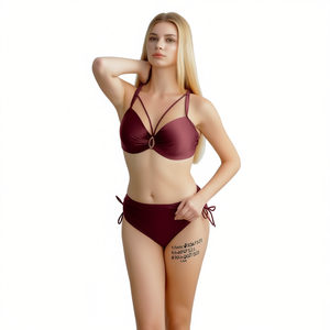 Costume da bagno bikini taglie forti HDJ con controllo pancia e push-up, da donna, tinta unita, con laccetti laterali e allacciatura all'americana, per la spiaggia, taglie 46-60, colori Vino, Blu, Nero - Product Image 2